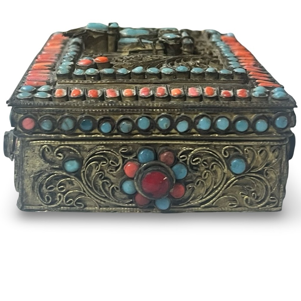 Vintage Tibetan Brass Turquoise Coral Inlay Hinged Prayer Box - Picture 4 of 6